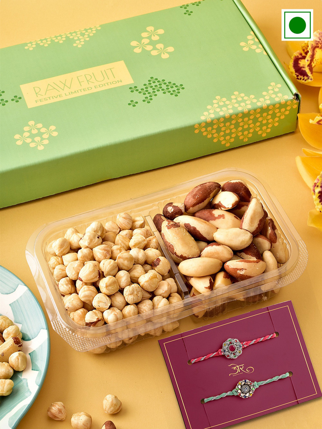 

RawFruit BrazilNut And HazelNut With 2 Rakhis, Red