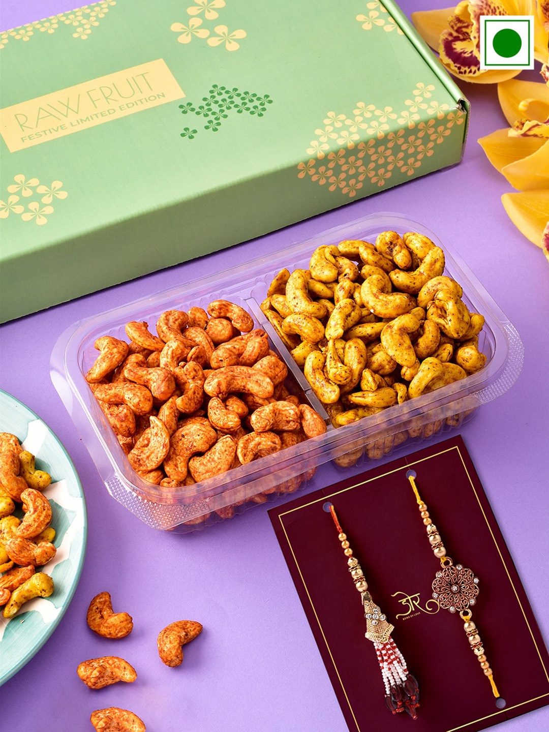 

RawFruit Roasted Cashew And Bhai Bhabhi Rakhis, Yellow