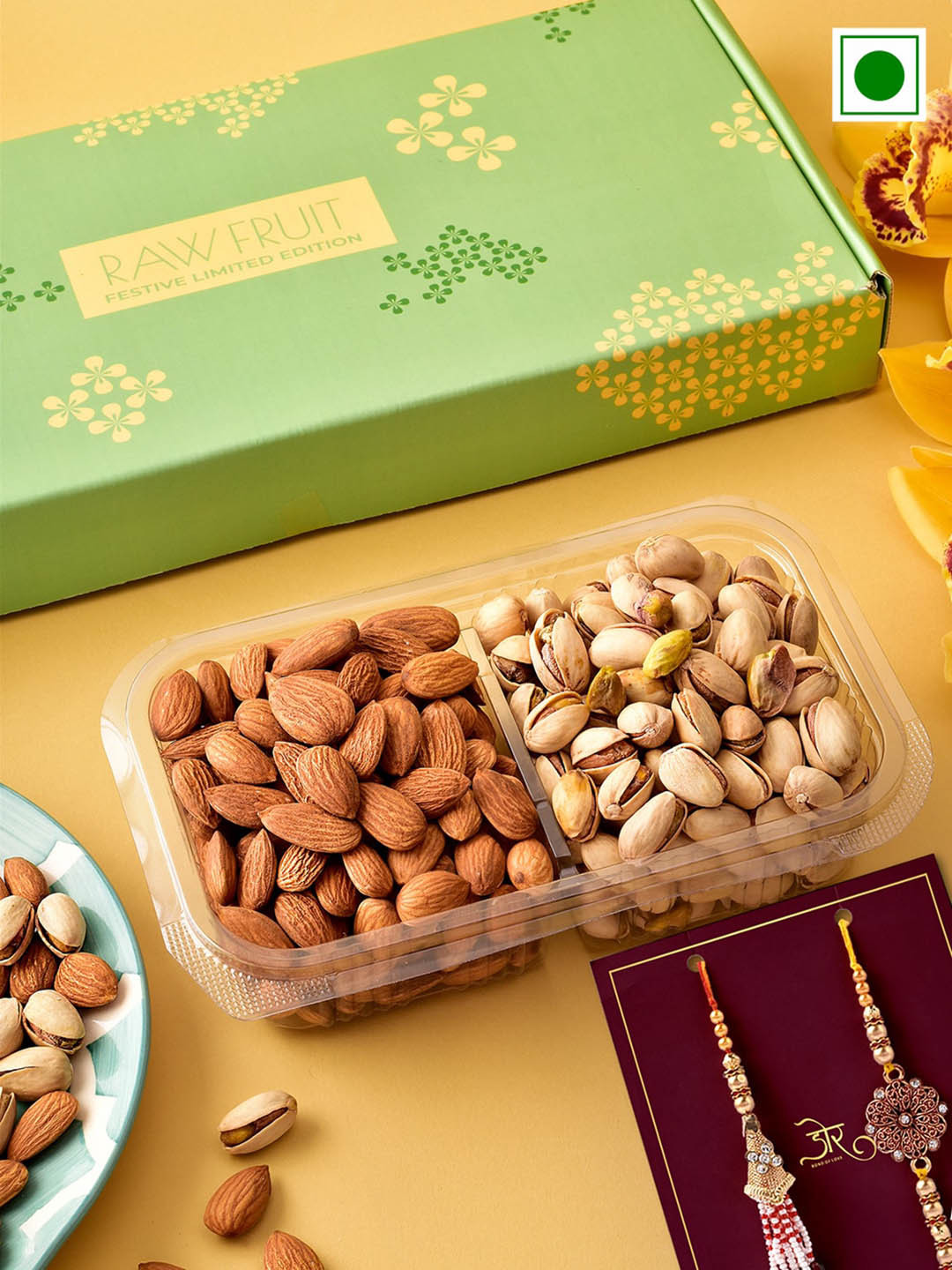 

RawFruit Almond And Pistachios With Bhai Bhabhi Rakhi 225gms, Yellow