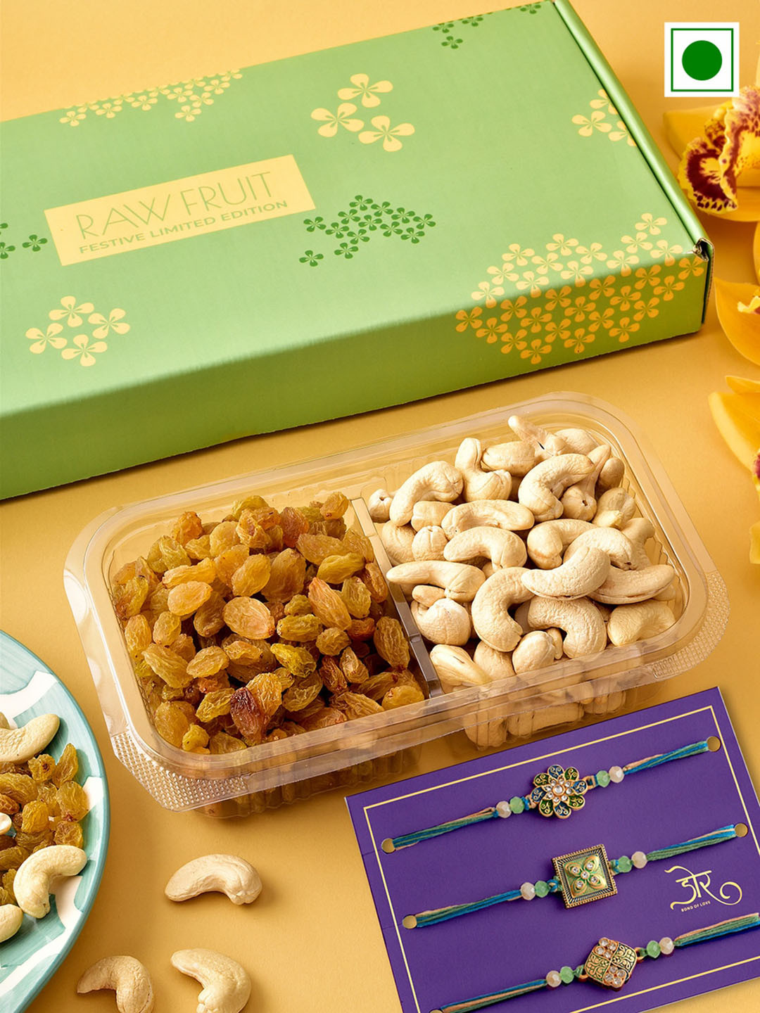 

RawFruit Cashew Raisins With Set Of 3 Rakhi 125g Each, Blue