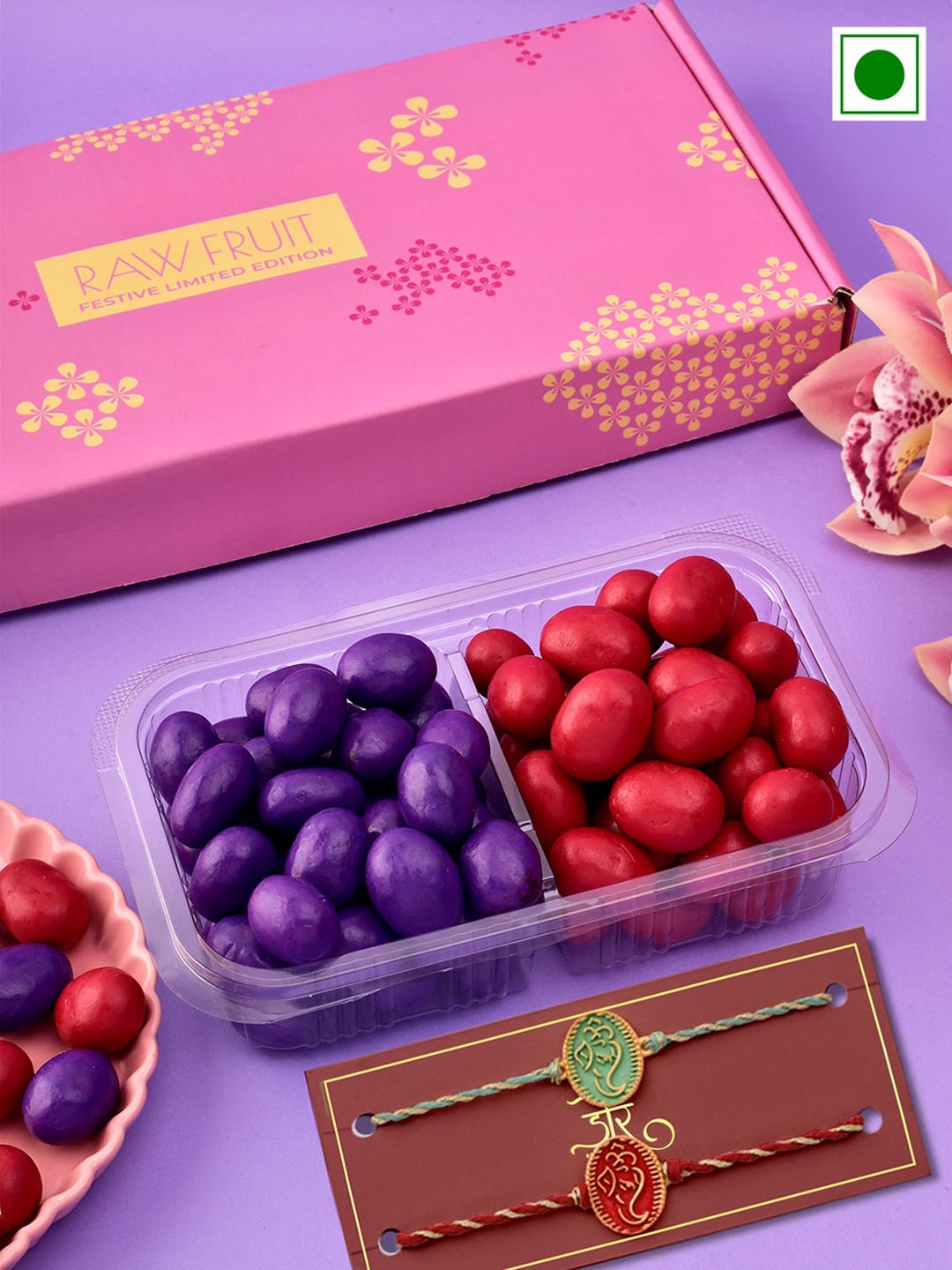 

RawFruit Blueberry Strawberry Dragees With Set Of 2 Rakhi 160g Each, Red