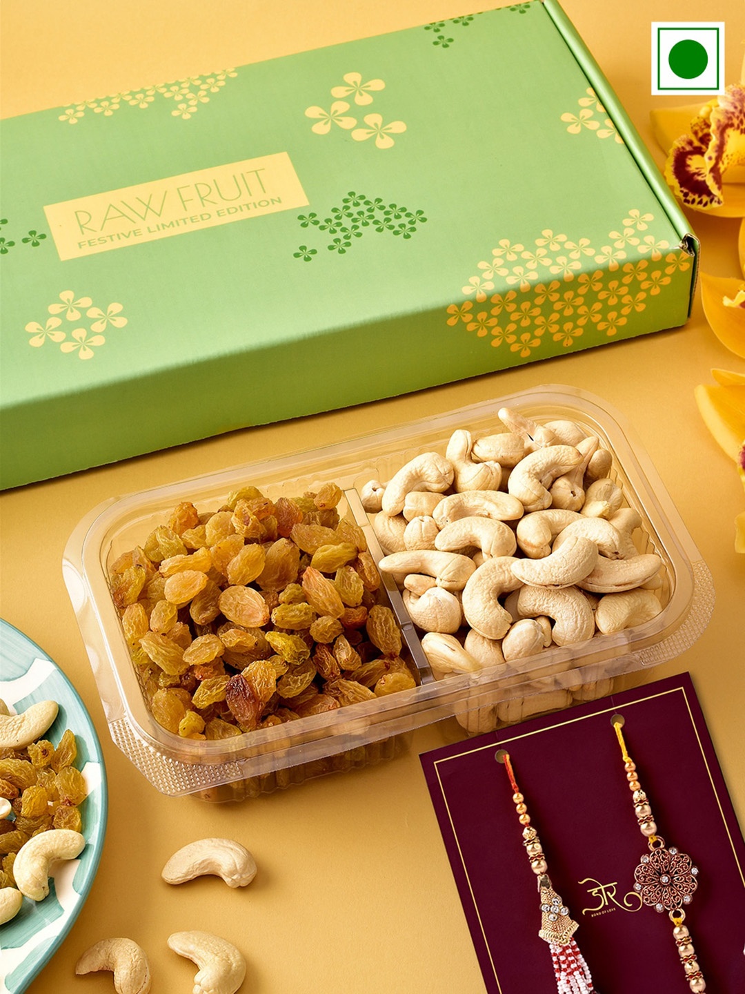 

RawFruit Cashew Raisins With Bhai Bhabhi Rakhi-125 gms Each, Yellow