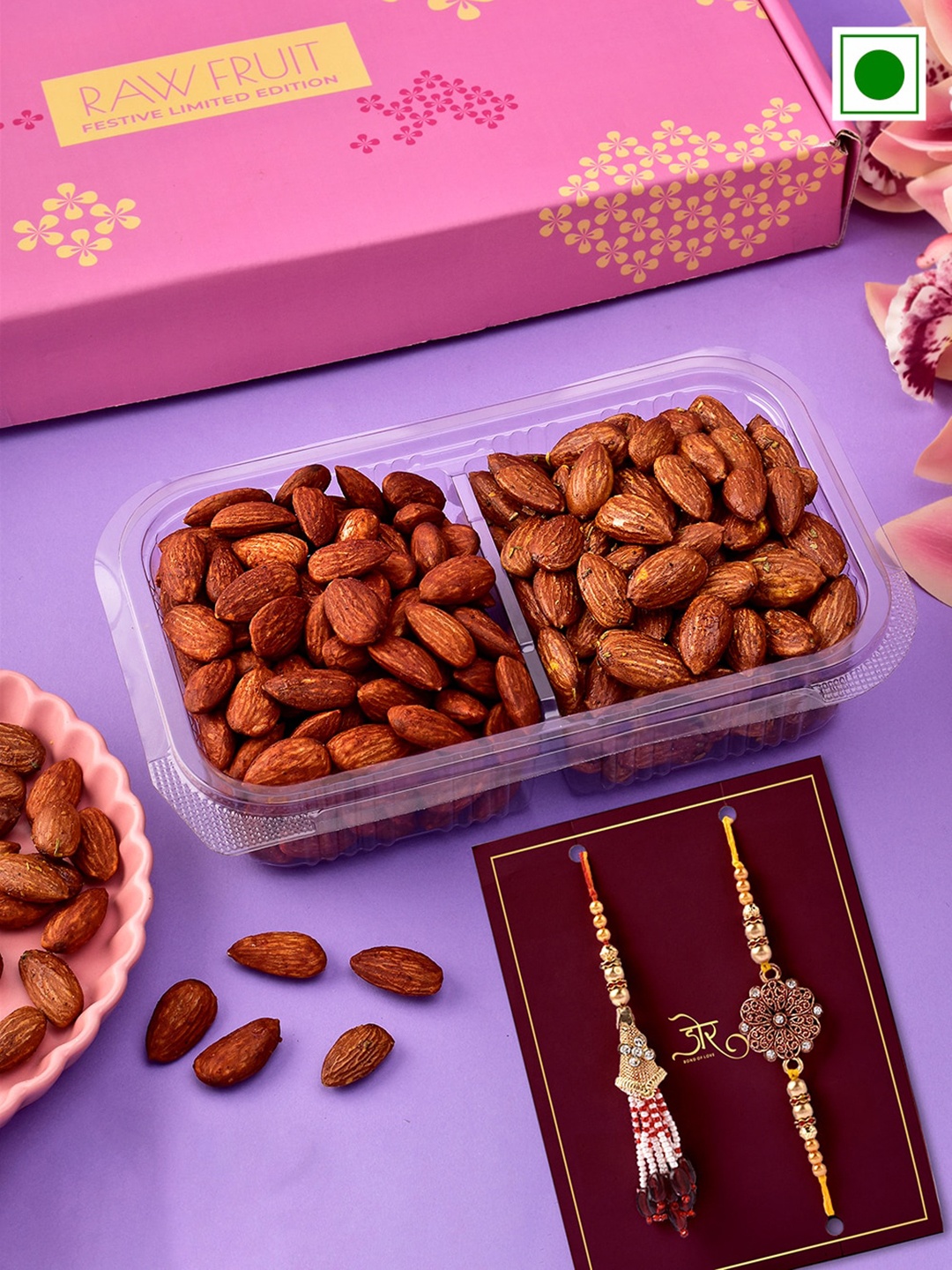 

RawFruit Roasted Almond With Bhai Bhabhi Rakhi-125 gms Each, Gold