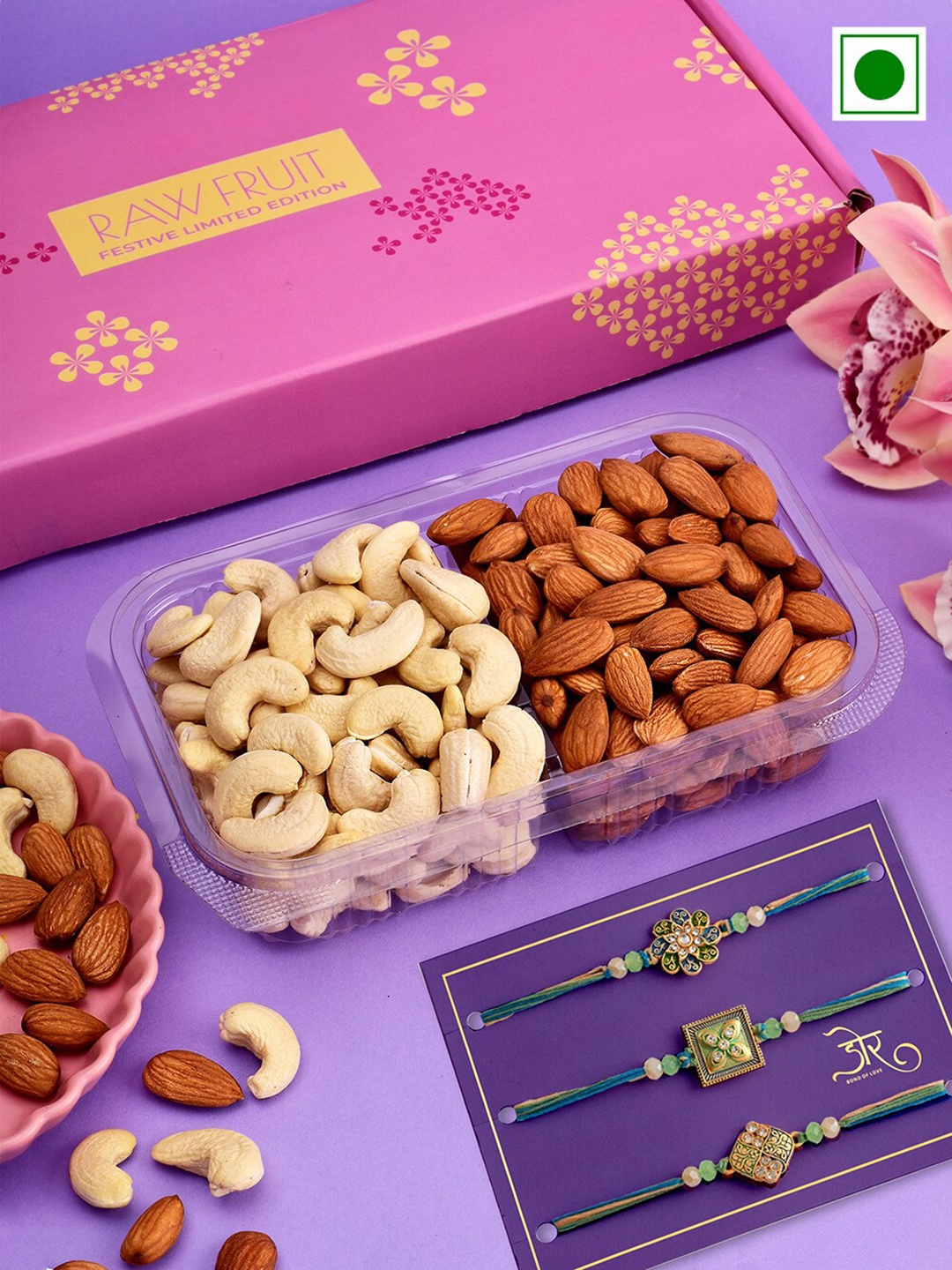 

RawFruit Set Of 3 Charm Detail Rakhi With Chawal DryFruits Gift Set -125 gms, Blue
