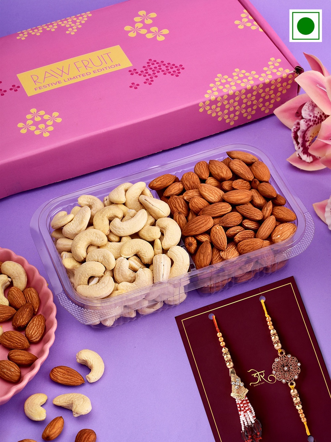 

RawFruit Cashew Almond With Bhai Bhabhi Rakhi- 125gms Each, Yellow