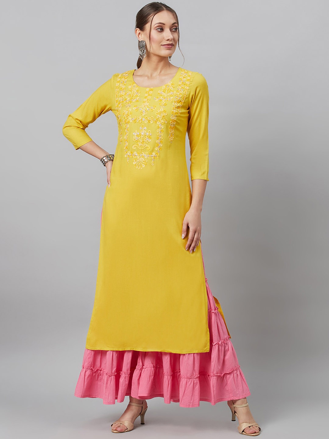 

AKS Couture Embellished Thread Work Straight Kurta, Yellow