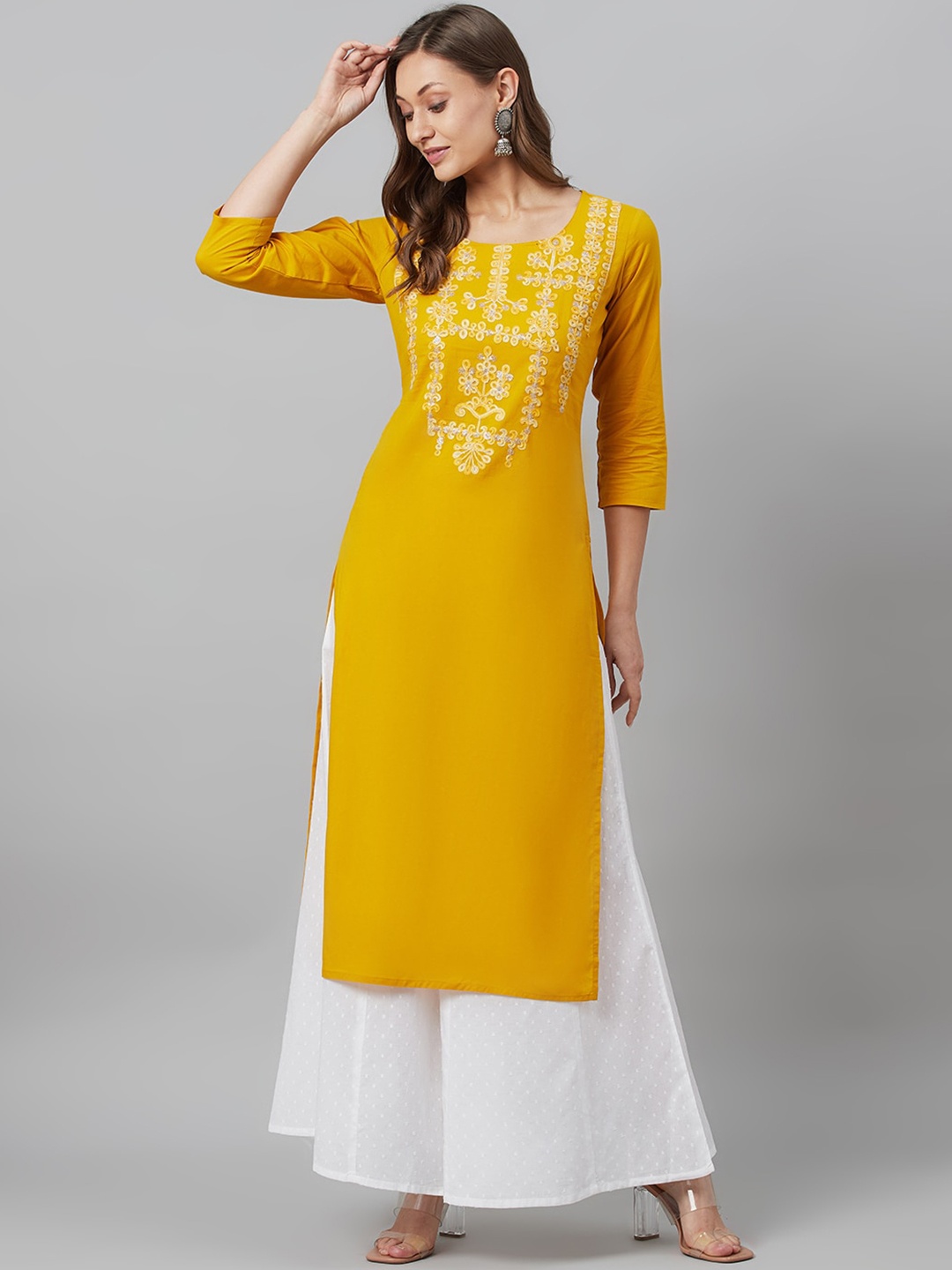 

AKS Couture Floral Embroidered Sequinned Kurta, Mustard