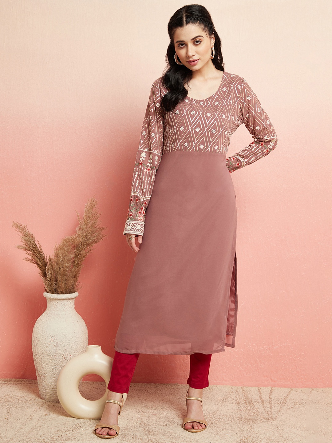 

AKS Couture Geometric Printed Thread Work Detailed Georgette Straight Kurta, Mauve