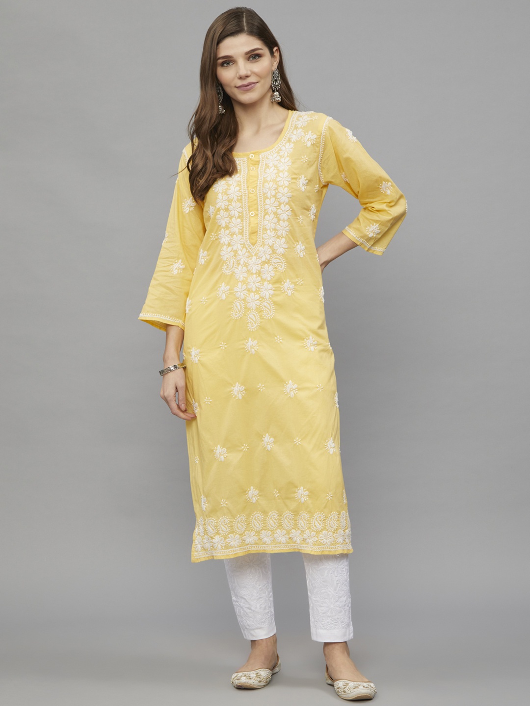 

Ethnava Ethnic Motifs Embroidered Organic Cotton Straight Kurta, Yellow