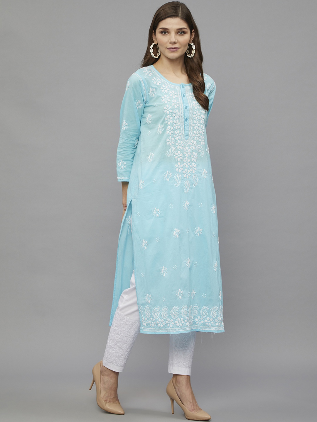 

Ethnava Floral Embroidered Organic Cotton Straight Kurta, Turquoise blue