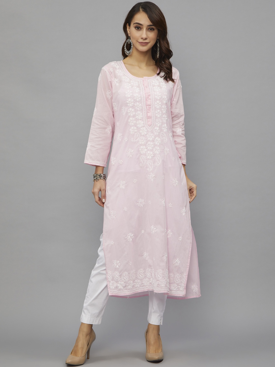 

Ethnava Floral Embroidered Organic Cotton Straight Kurta, Pink
