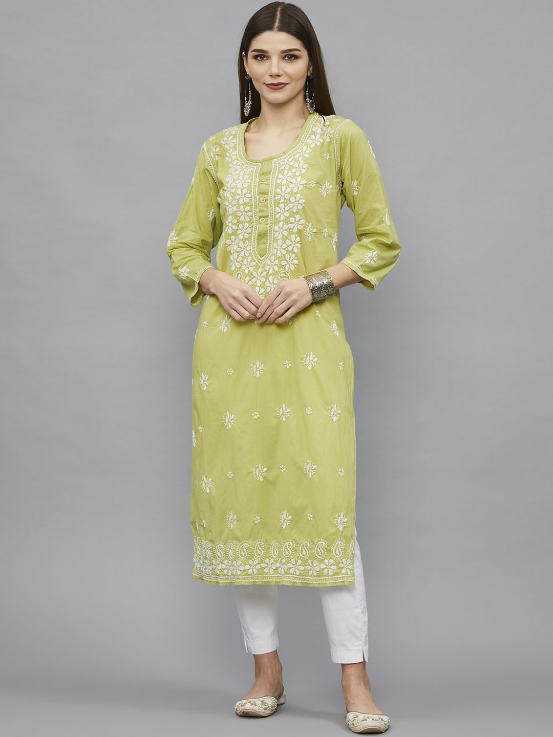 

Ethnava Ethnic Motifs Embroidered Organic Cotton Straight Kurta, Green