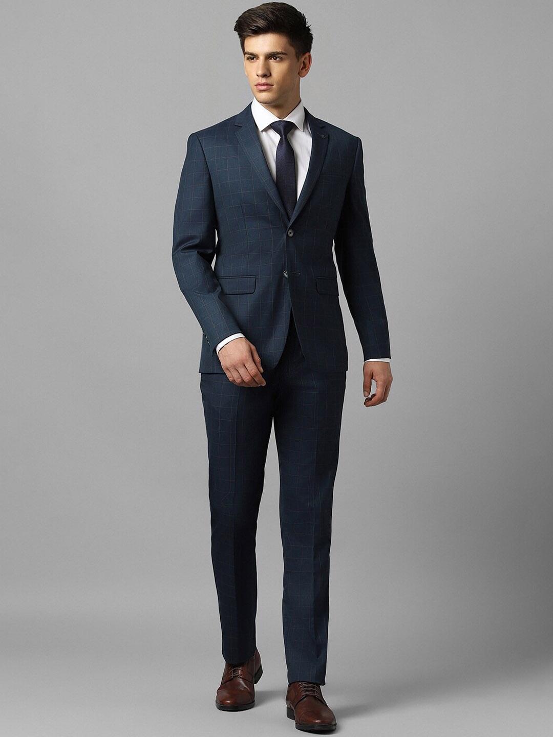 

Louis Philippe Checked Slim-Fit Single Breasted Two Piece Formal Suit, Navy blue