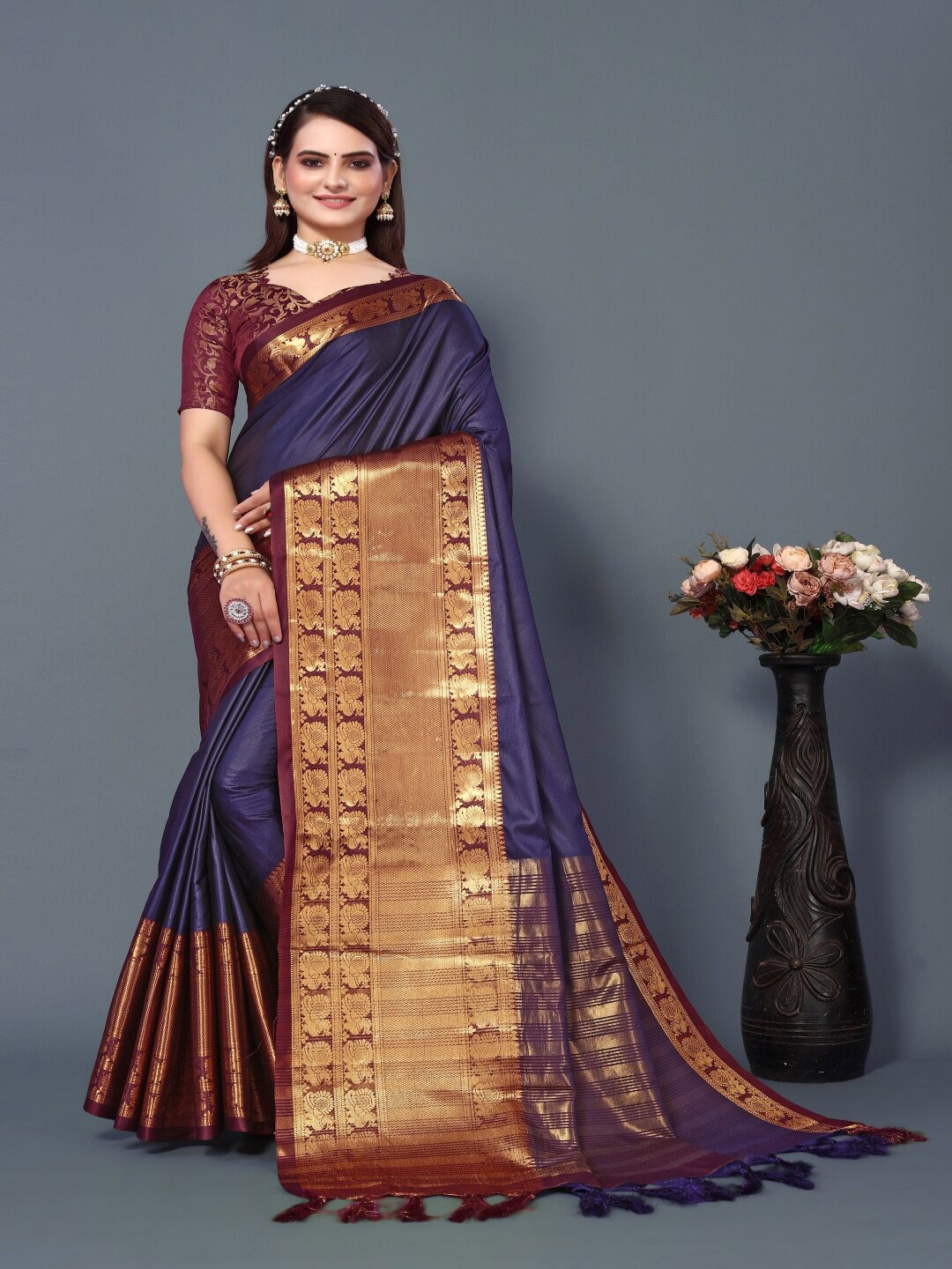 

Paramparik Textile Woven Design Border Zari Silk Cotton Banarasi Saree, Navy blue