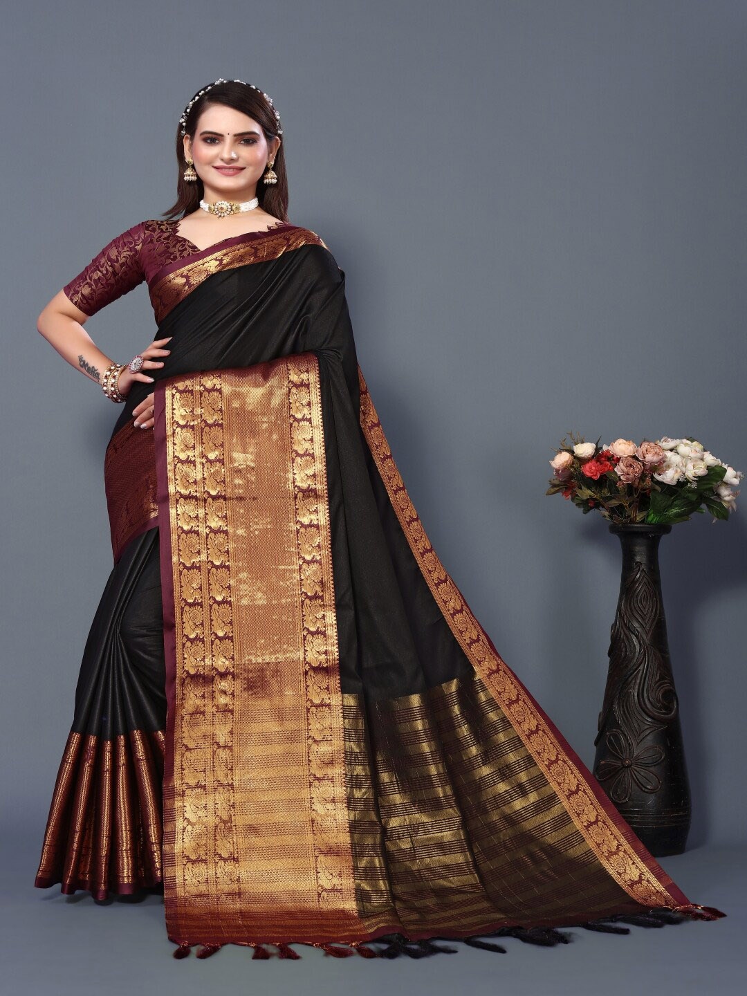 

Paramparik Textile Woven Design Bordered Zari Silk Cotton Banarasi Saree, Black