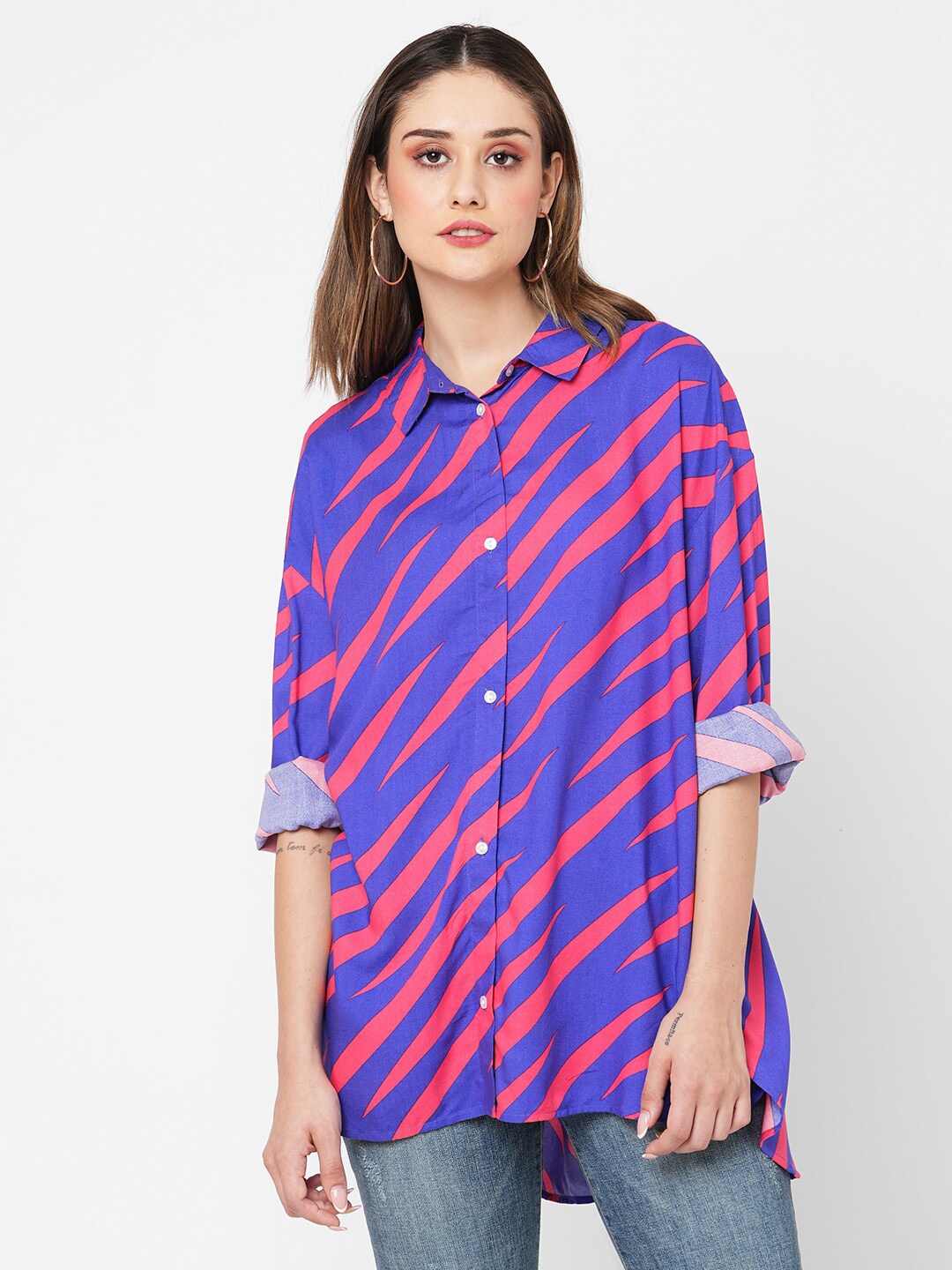 

VASTRADO Opaque Striped Pversized Casual Shirt, Purple