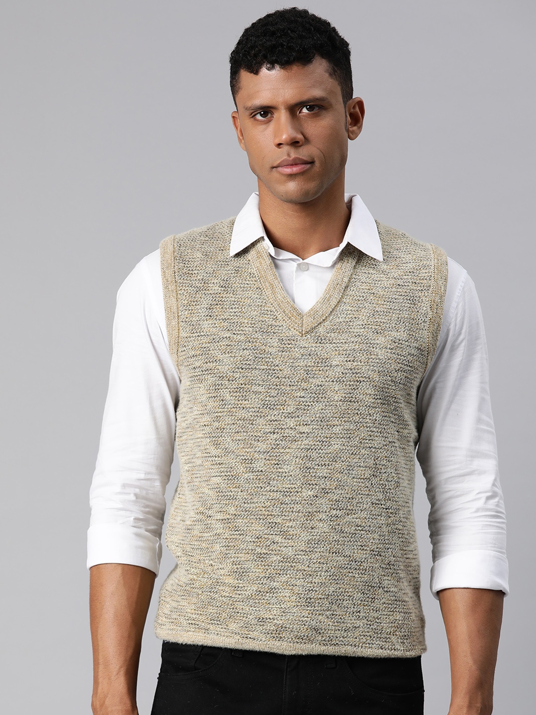 

Pierre Carlo Men Self Design Sweater Vest, Khaki