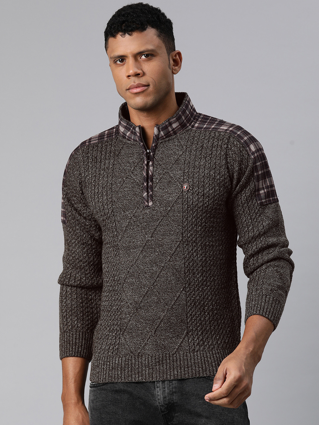 

Pierre Carlo Men Self Design Cable Knit Pullover, Coffee brown