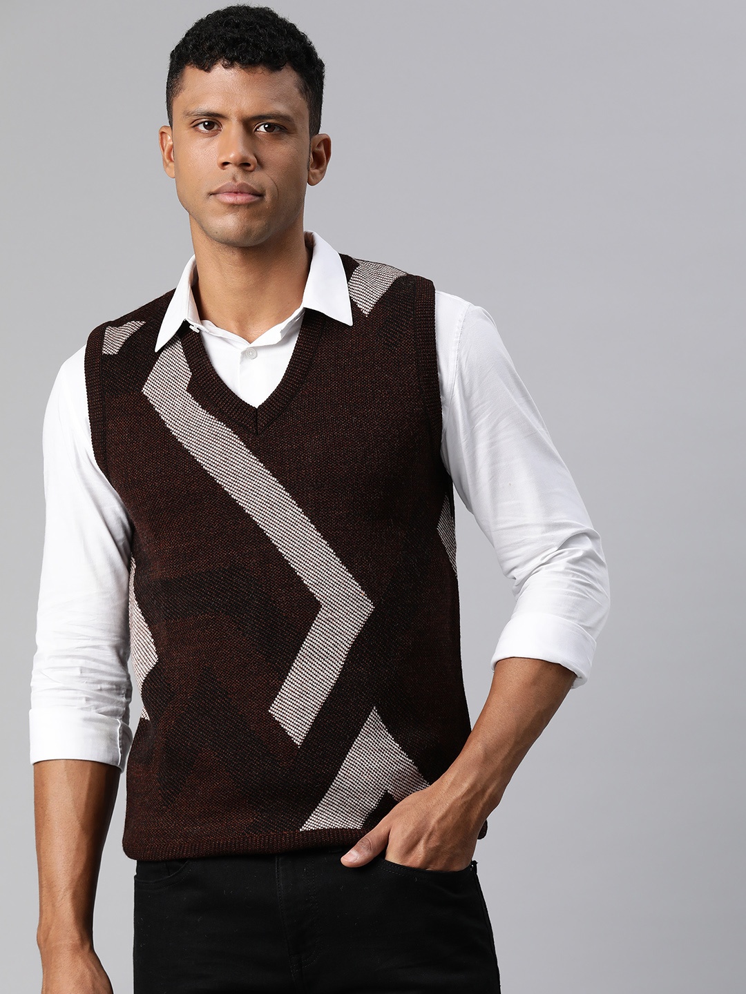 

Pierre Carlo Men Self Design Sweater Vest, Copper