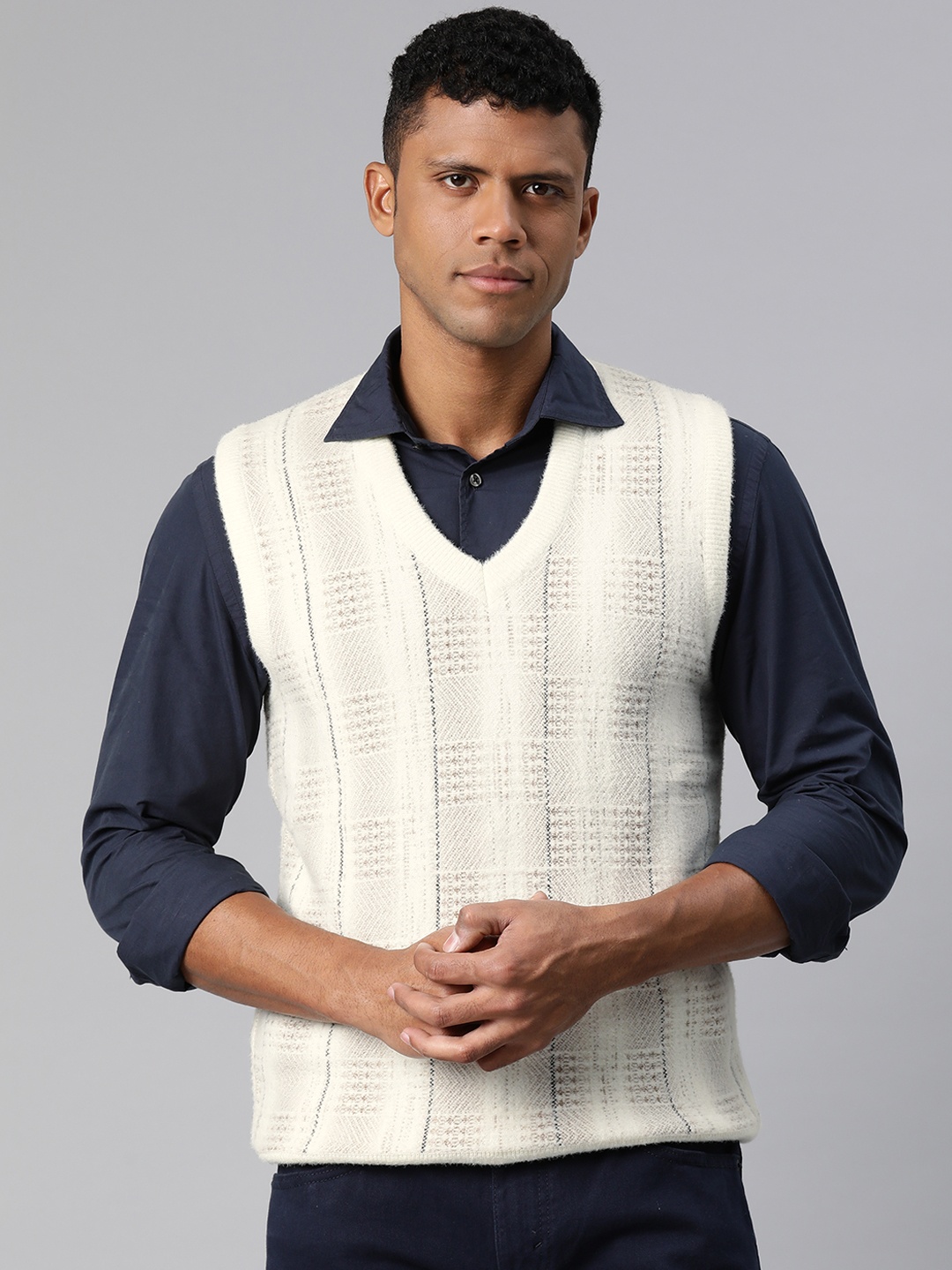 

Pierre Carlo Men Self Design Sweater Vest, Off white