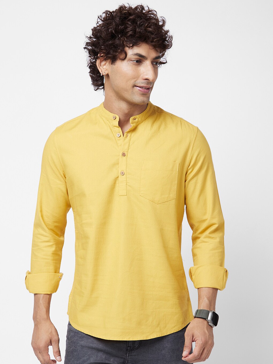 

VASTRADO Mandarin Collar Cotton A-Line Short Kurta, Yellow