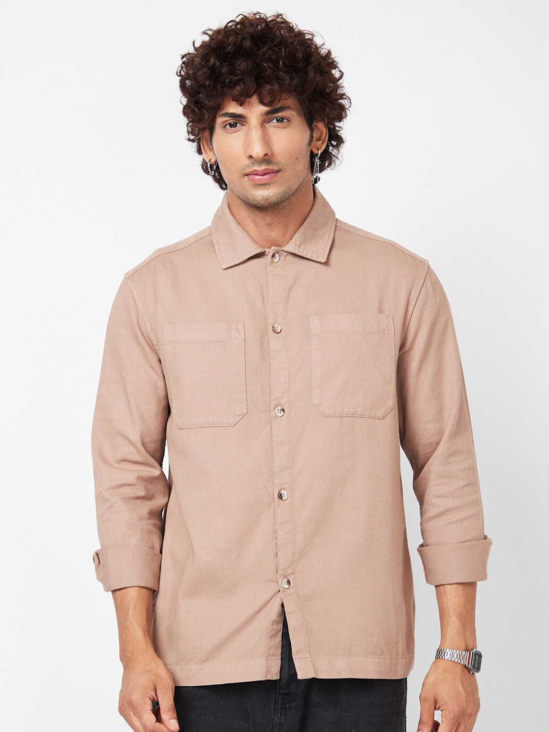 

VASTRADO Spread Collar Cotton Casual Shirt, Khaki