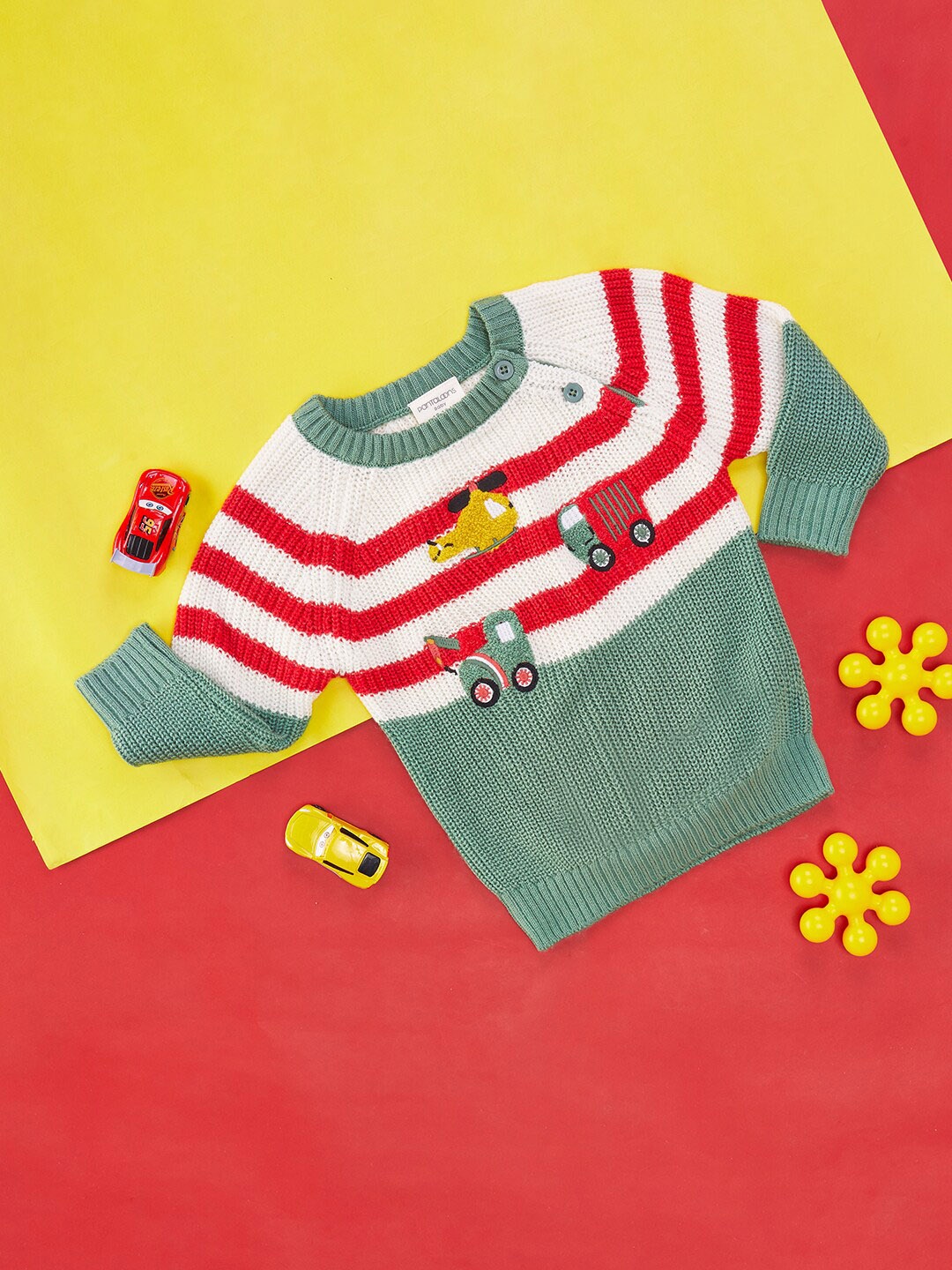 

Pantaloons Baby Infants Boys Striped Cotton Pullover, Green