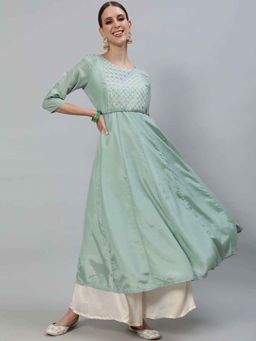 

AKS Couture Yoke Design Embroidered Anarkali Kurta, Sea green