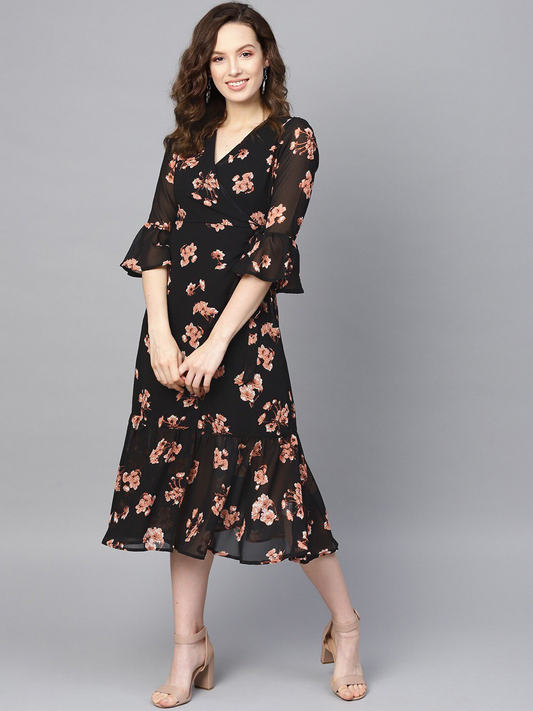 

BAESD Black Floral Printed V-Neck Bell Sleeve Flounce Hem Tiered Georgette Wrap Midi Dress