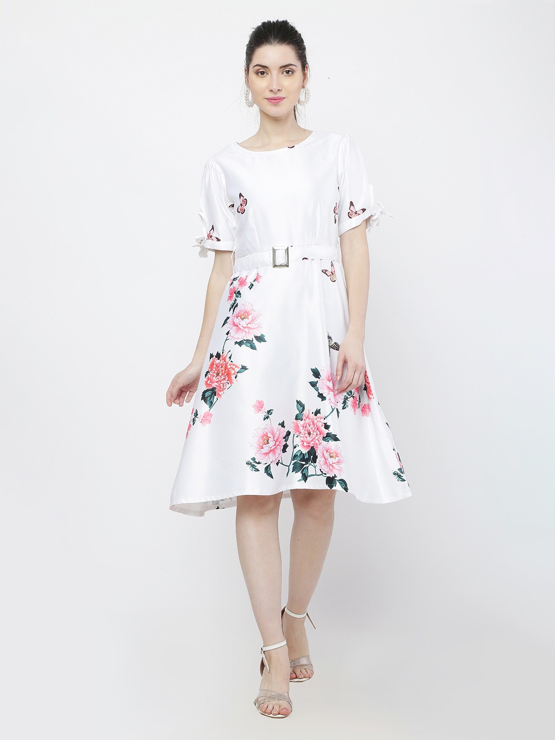 

BAESD Floral Printed Puff Sleeve Satin Fit & Flare Dress, White