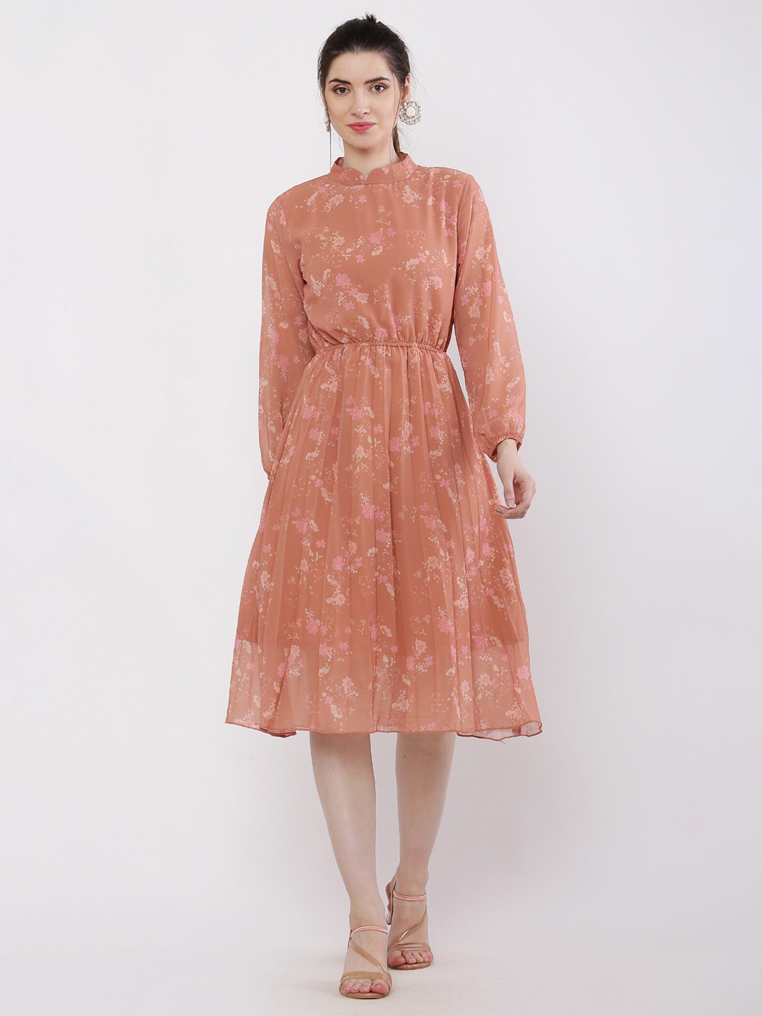 

BAESD Floral Printed Mandarin Collar Puff Sleeve Pleated Georgette Fit & Flare Midi Dress, Peach