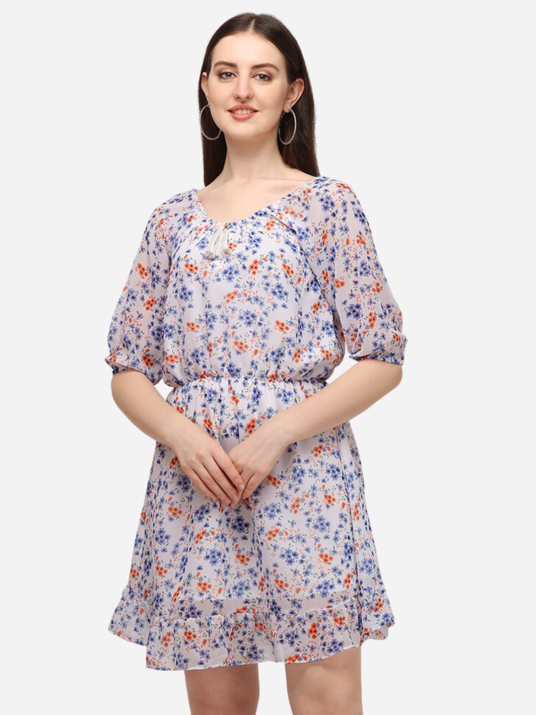 

BAESD Floral Printed Tie-Up Neck Fit & Flare Dress, White