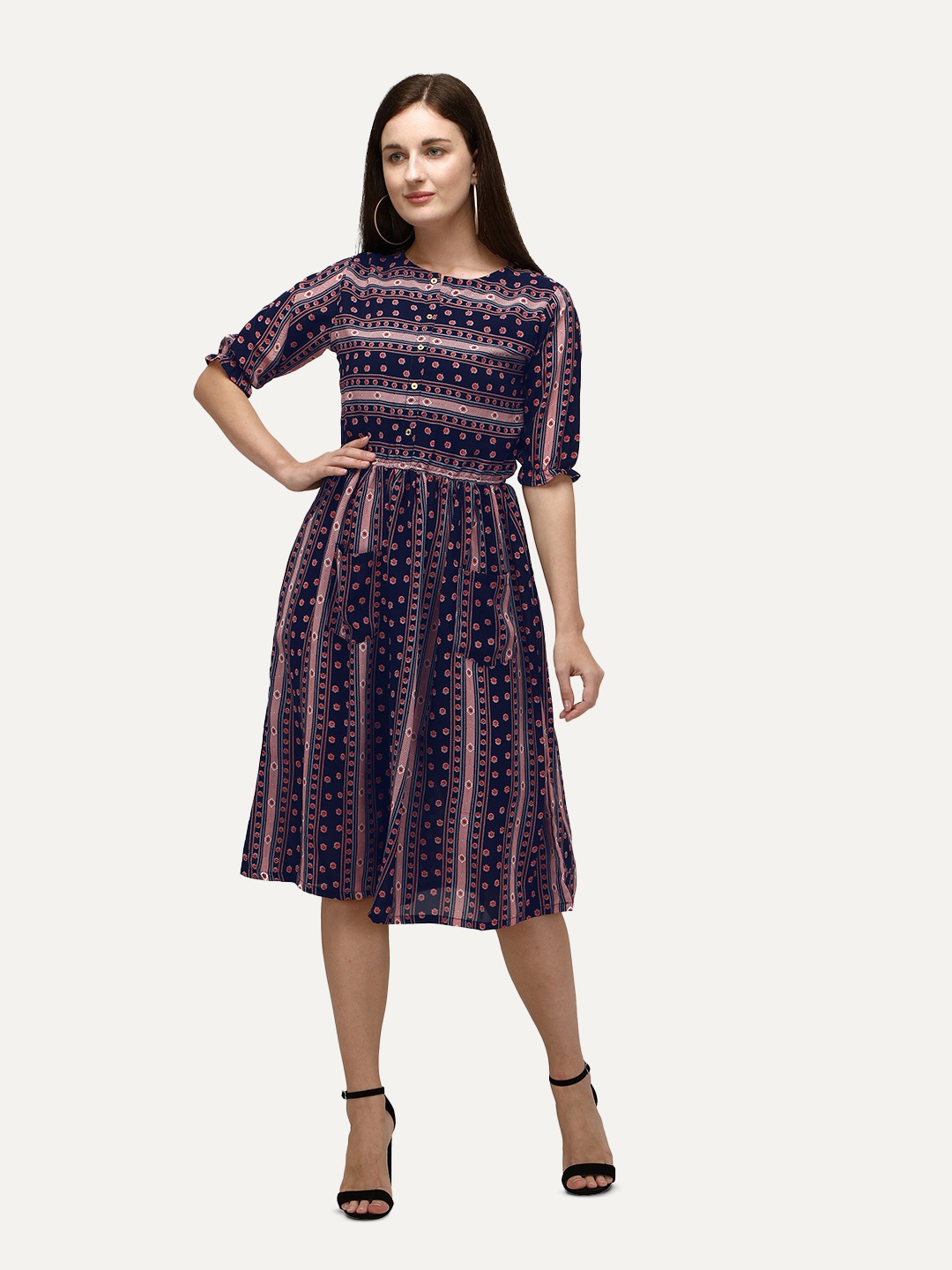 

BAESD Ethnic Motifs Printed Fit & Flare Dress, Blue
