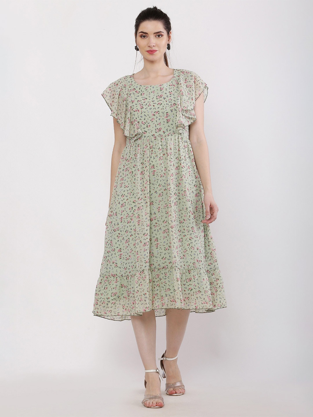 

BAESD Floral Printed Flutter Sleeve A-Line Midi Dress, Lime green