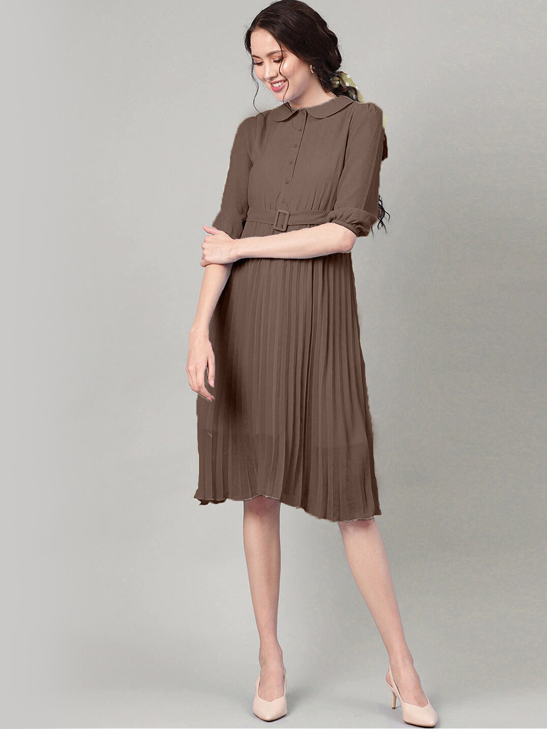 

BAESD Accordion Pleats A-Line Dress Comes With Belt, Brown