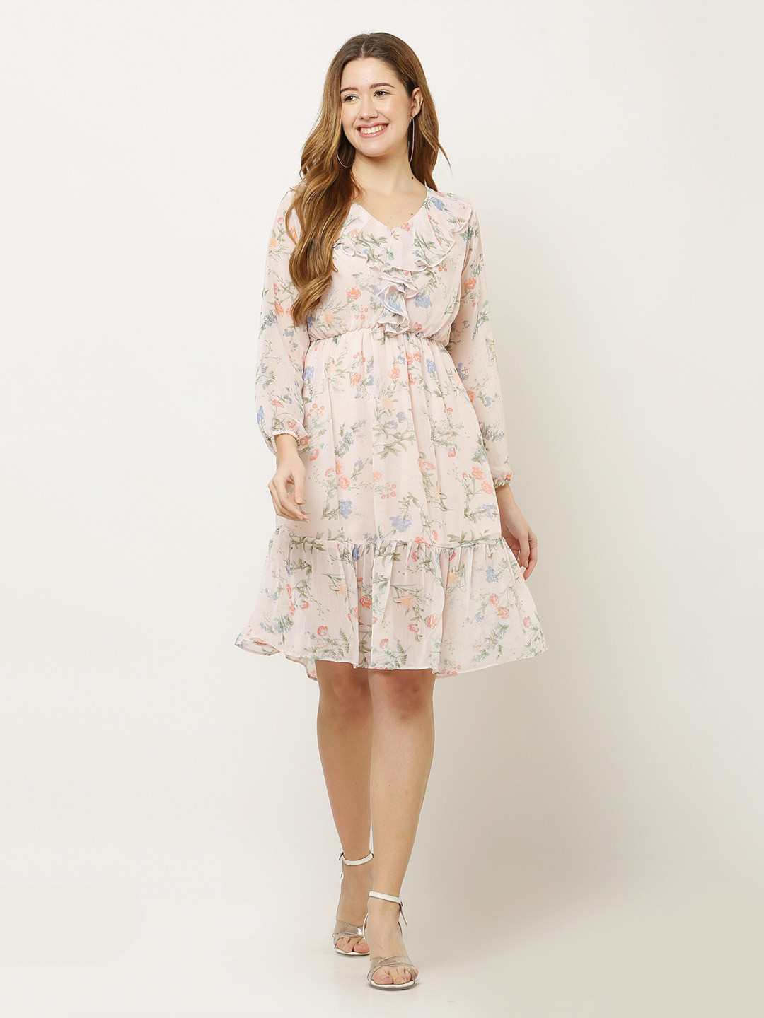

BAESD Floral Printed Puff Sleeve Chiffon Fit & Flare Dress, Pink