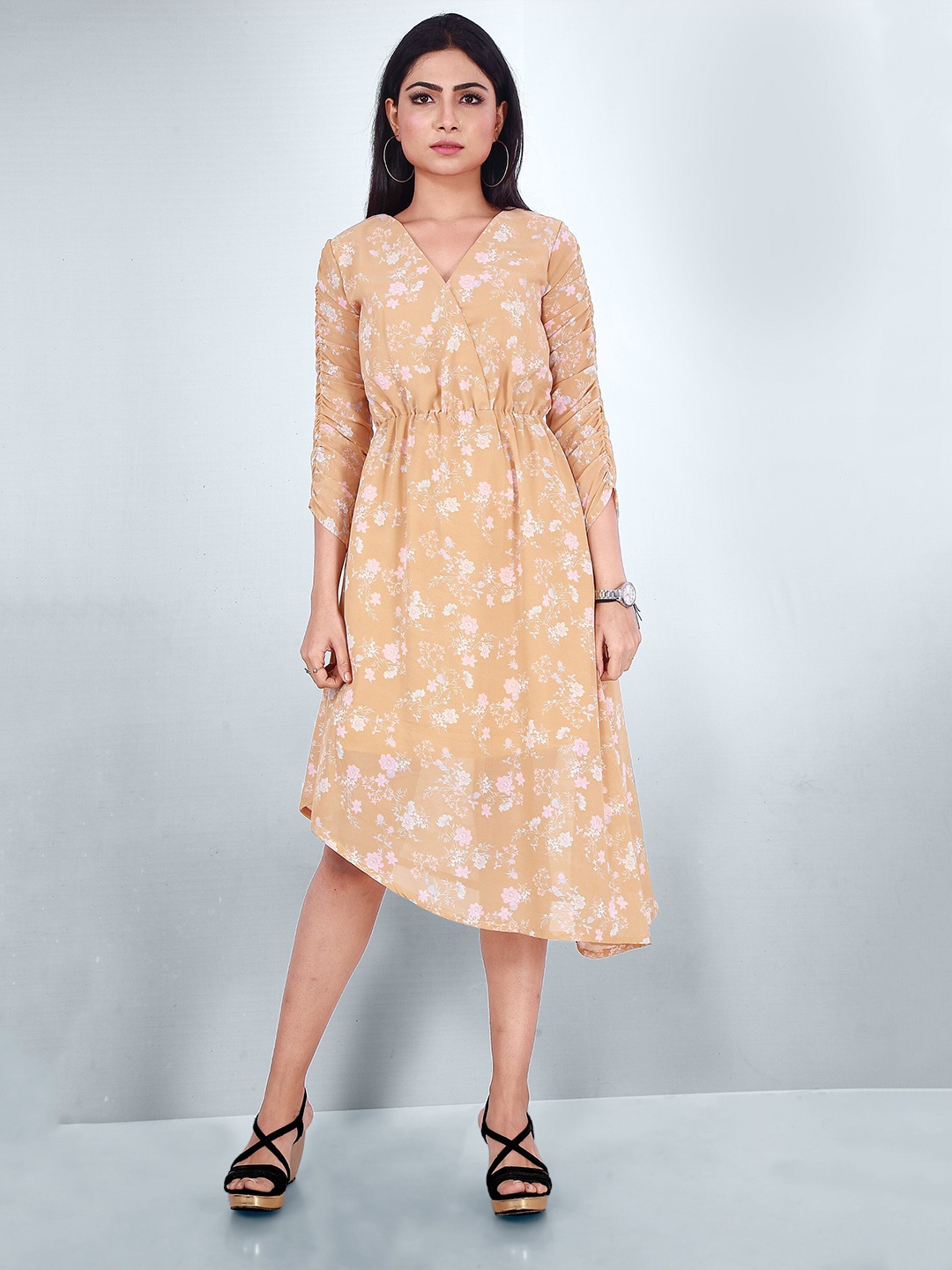 

BAESD Floral Printed V-Neck Fit & Flare Dress, Beige