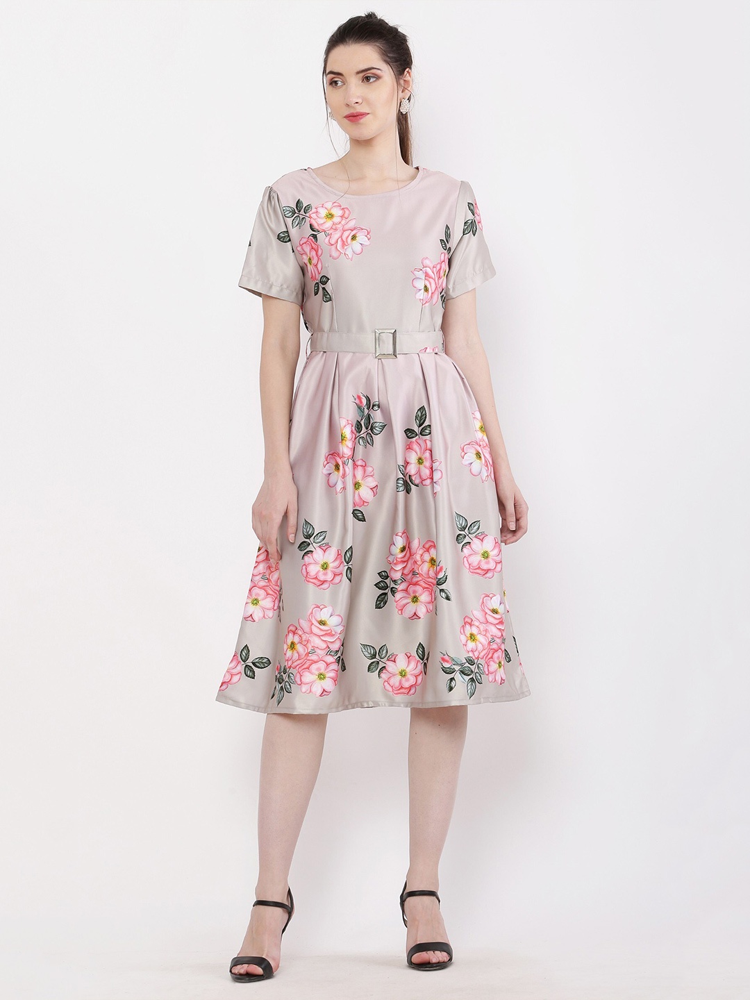 

BAESD Floral Printed Satin Fit & Flare Dress, Pink
