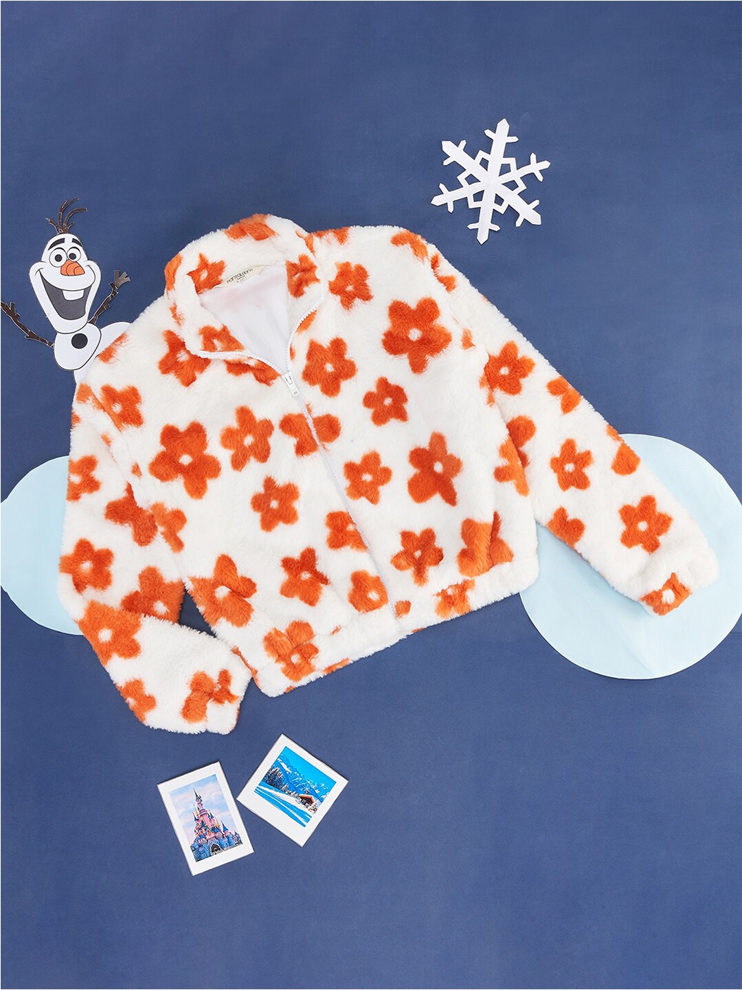 

Pantaloons Junior Girls Floral Printed Shirt Collar Front-Open Sweatshirt, Orange
