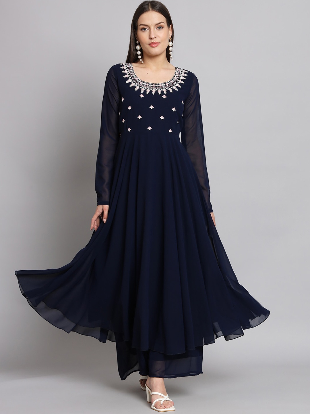 

Poshak Hub Floral Embroidered A-Line Pleated High Slit Kurta, Navy blue