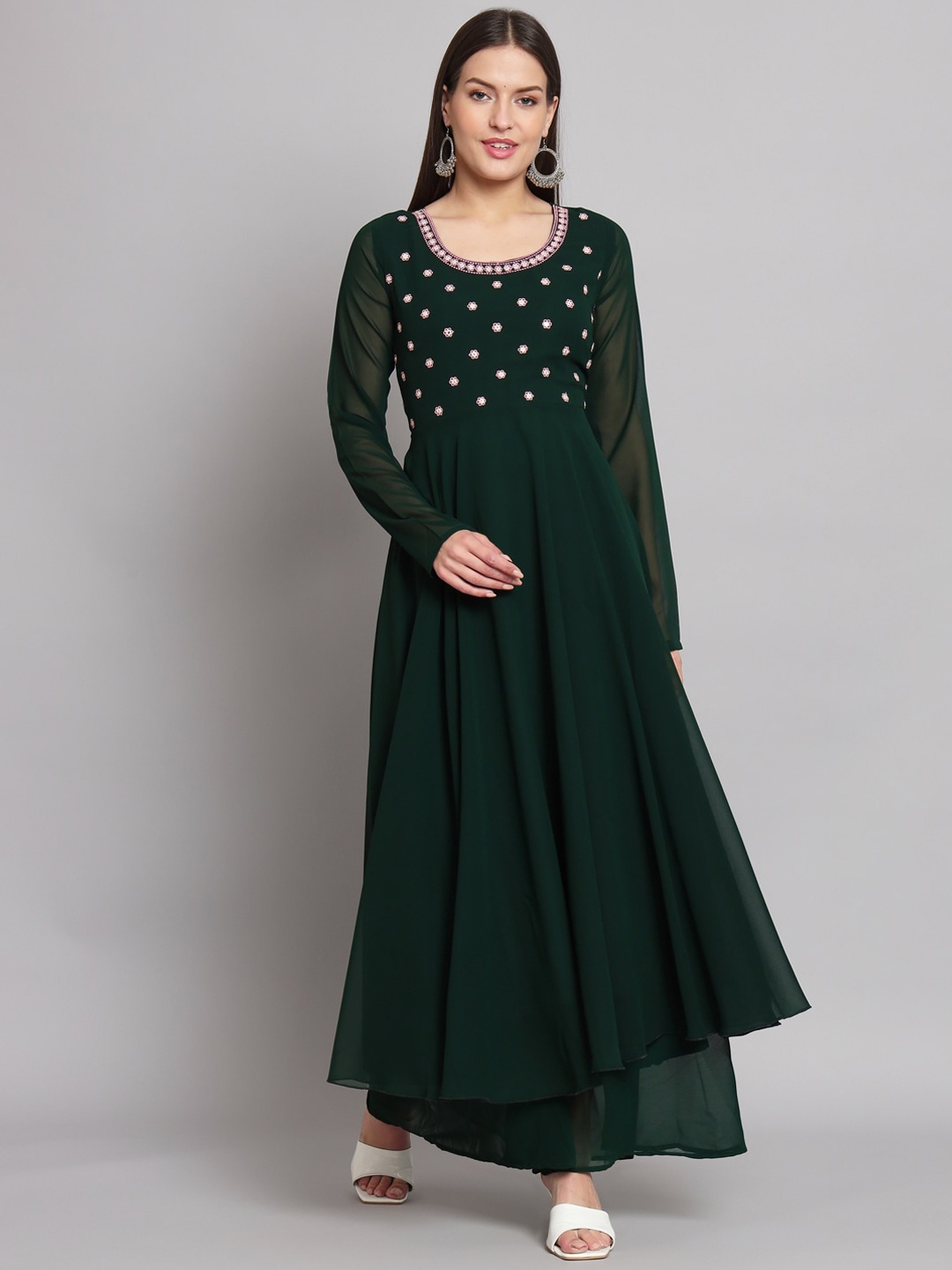 

Poshak Hub Floral Embroidered Mirror Work Georgette Anarkali Kurta, Green