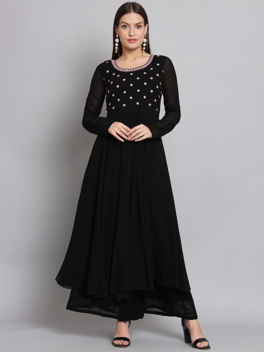 

Poshak Hub Floral Embroidered Mirror Work Georgette Anarkali Kurta, Black