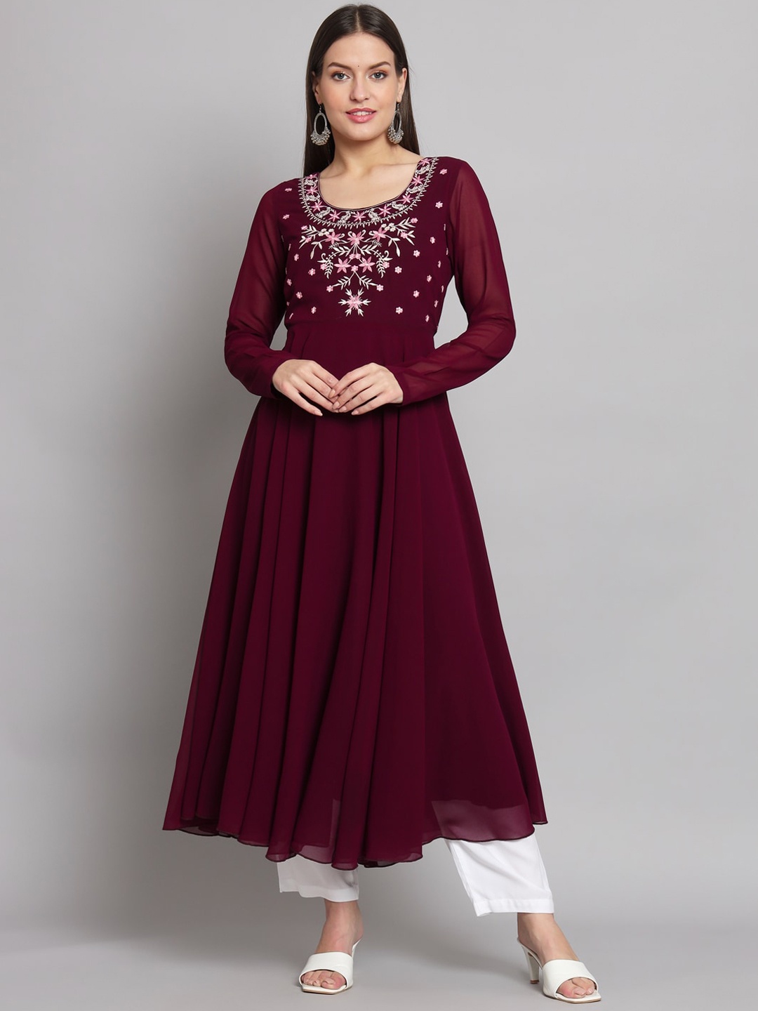 

Poshak Hub Floral Yoke Design Thread Work Georgette Anarkali Kurta, Purple