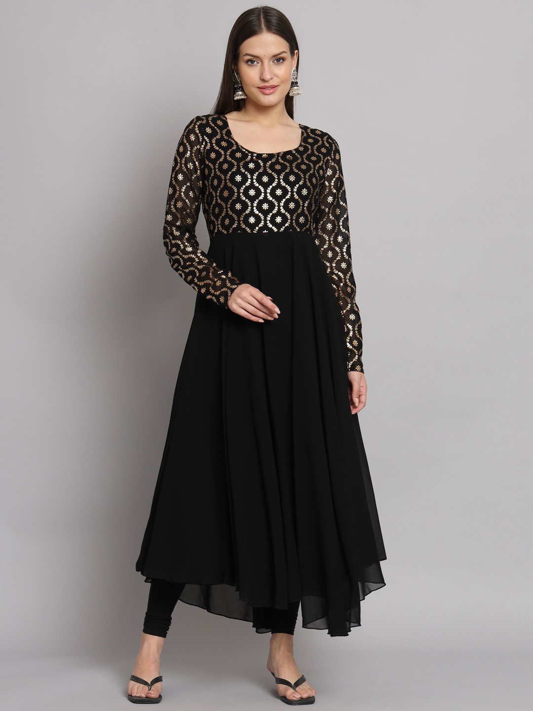 

Poshak Hub Floral Yoke Design Georgette Flared Anarkali Kurta, Black