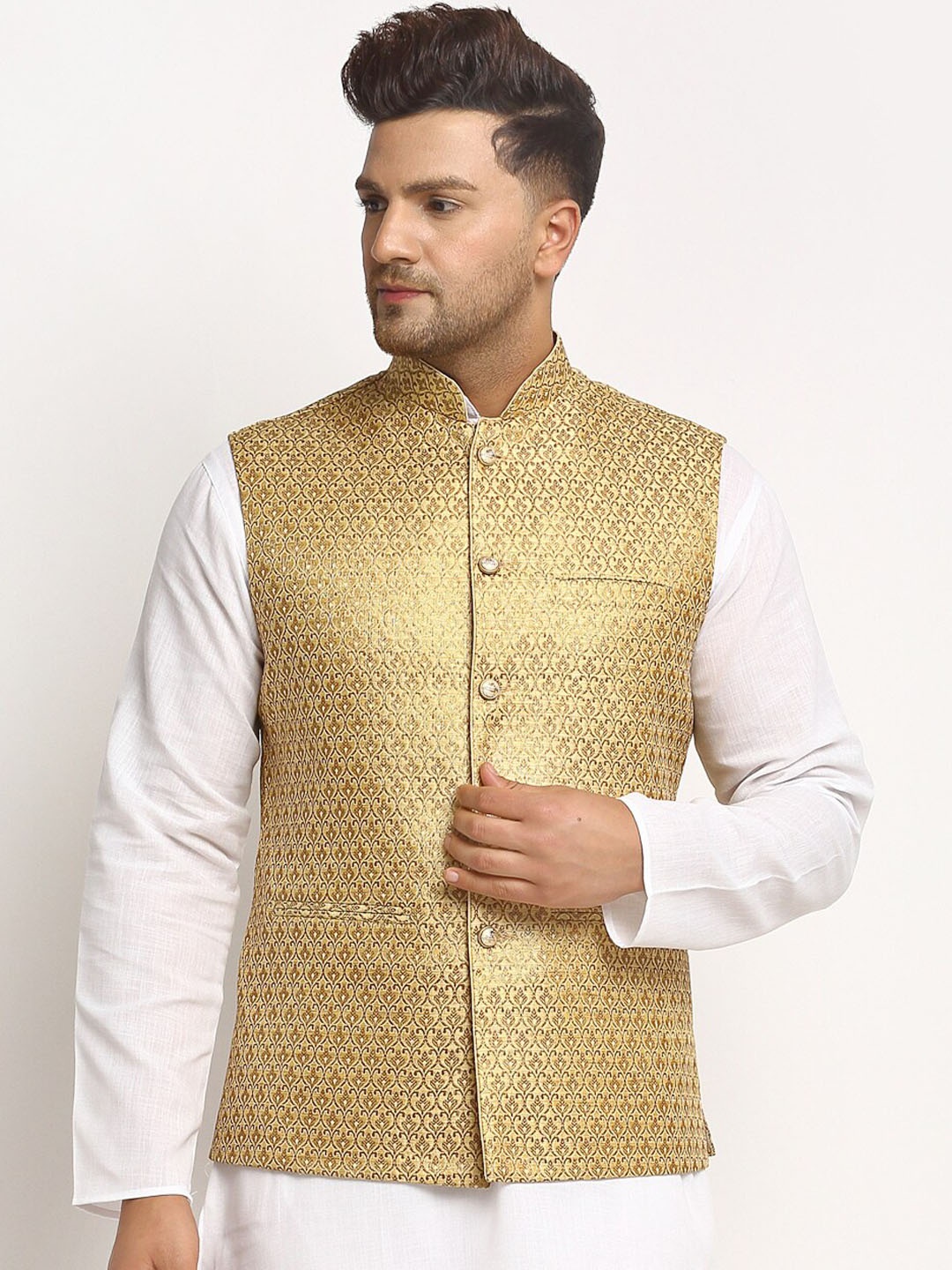 

TREEMODA Ethnic Motif Woven Design Nehru Jackets, Gold