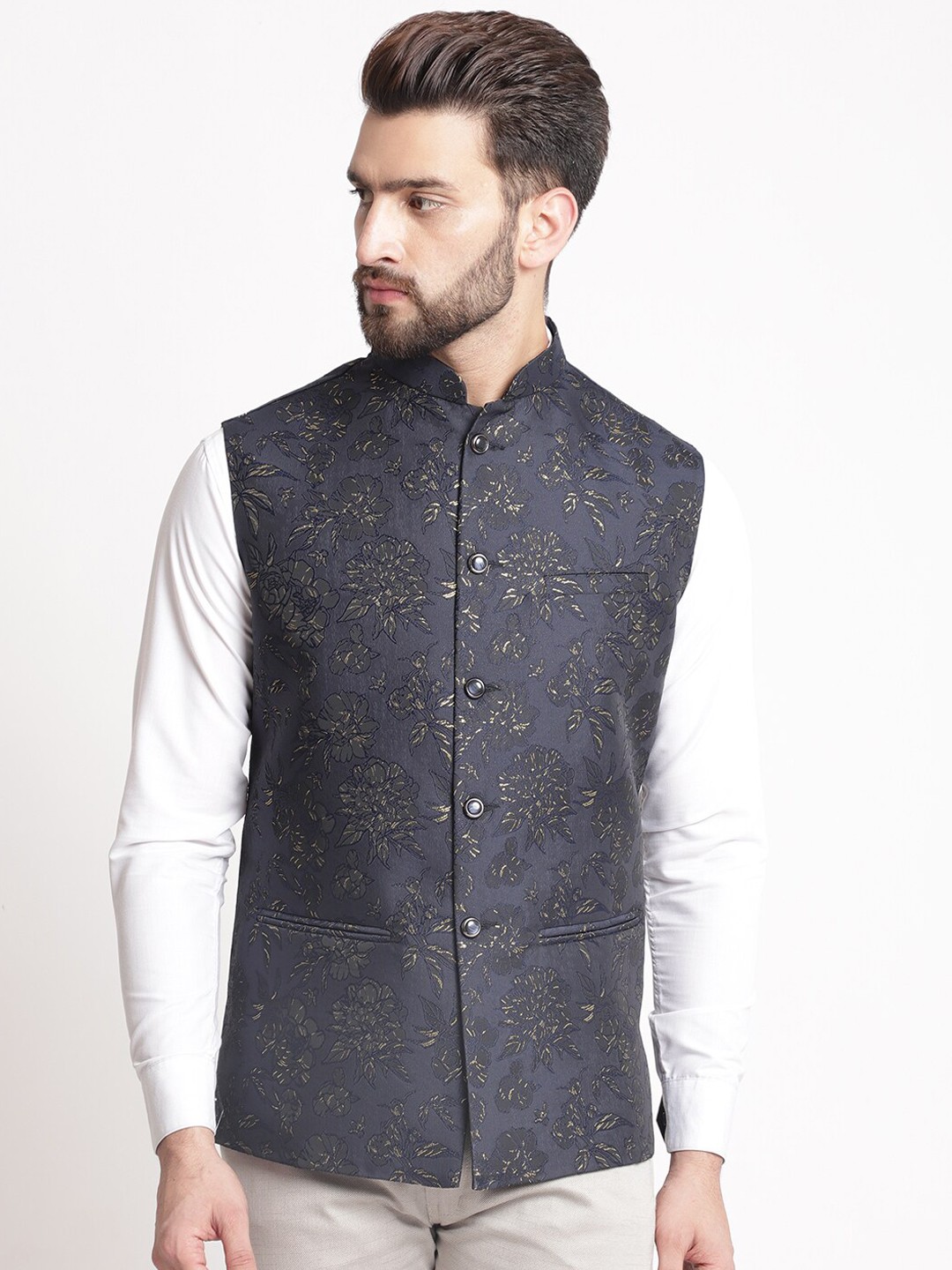 

TREEMODA Floral Printed Nehru Jackets, Charcoal