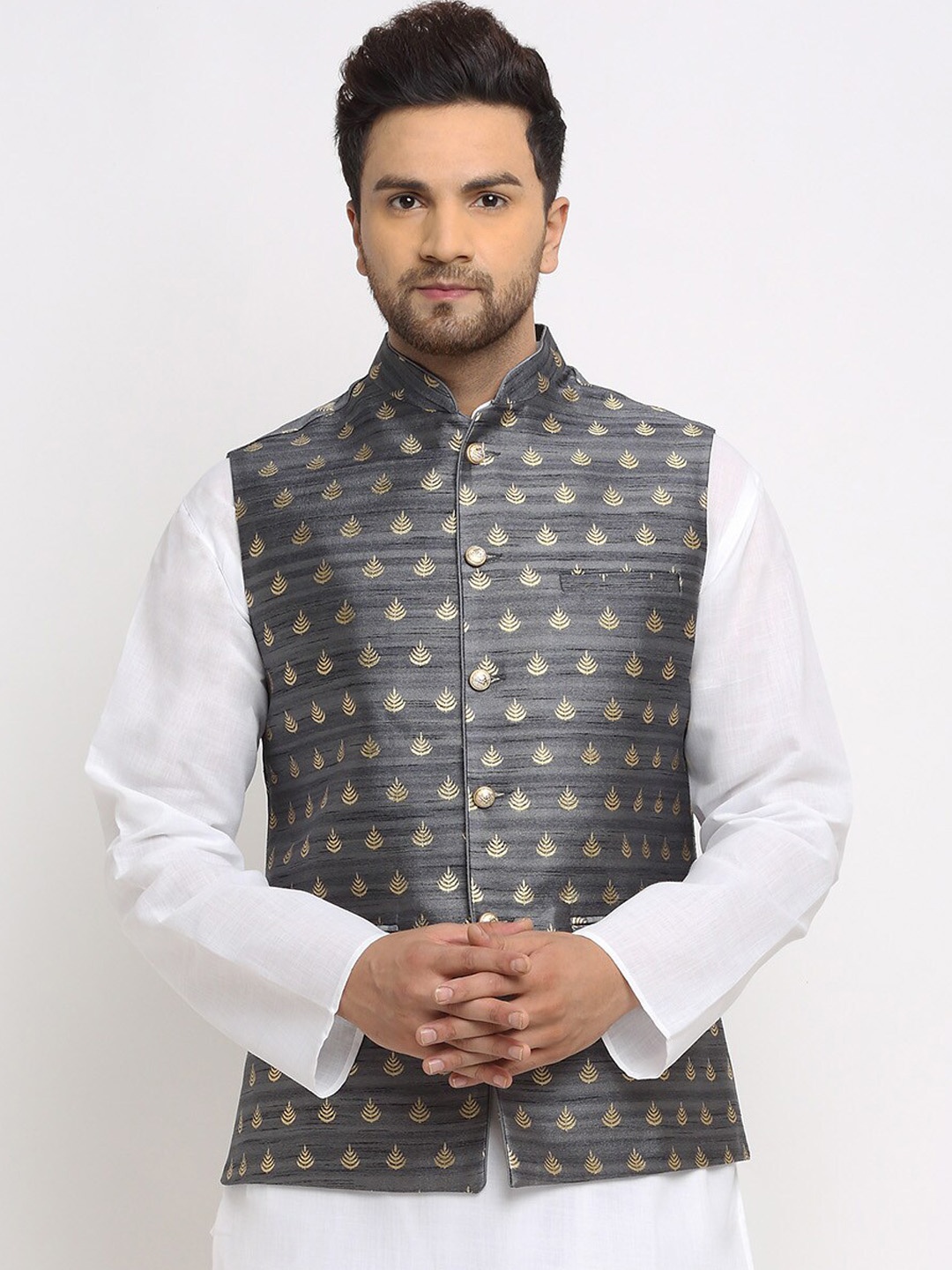 

TREEMODA Ethnic Motif Woven Design Nehru Jackets, Grey