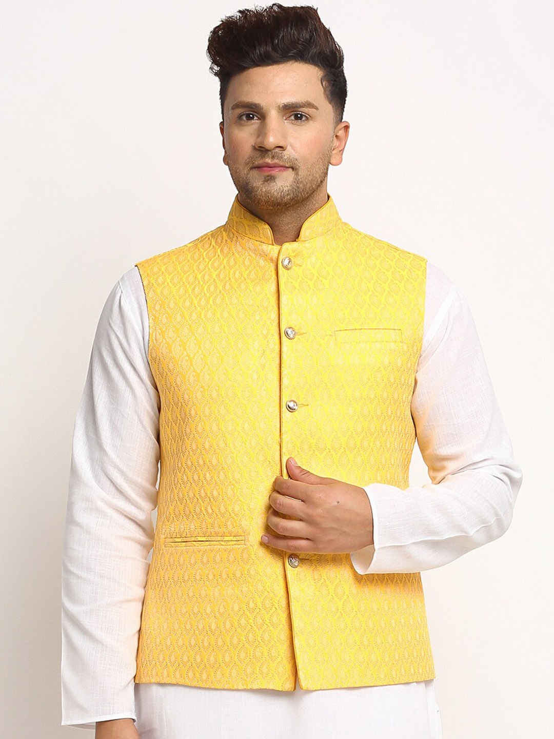 

TREEMODA Ethnic Motif Woven Design Nehru Jackets, Yellow