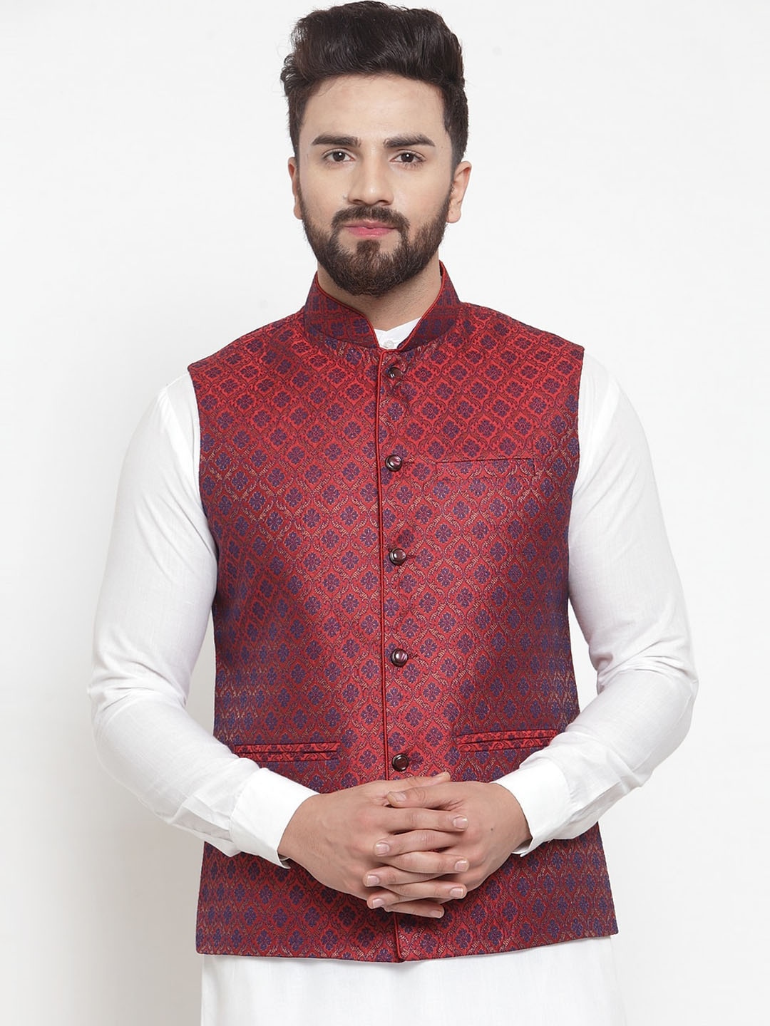 

TREEMODA Ethnic Motif Woven Design Nehru Jackets, Maroon