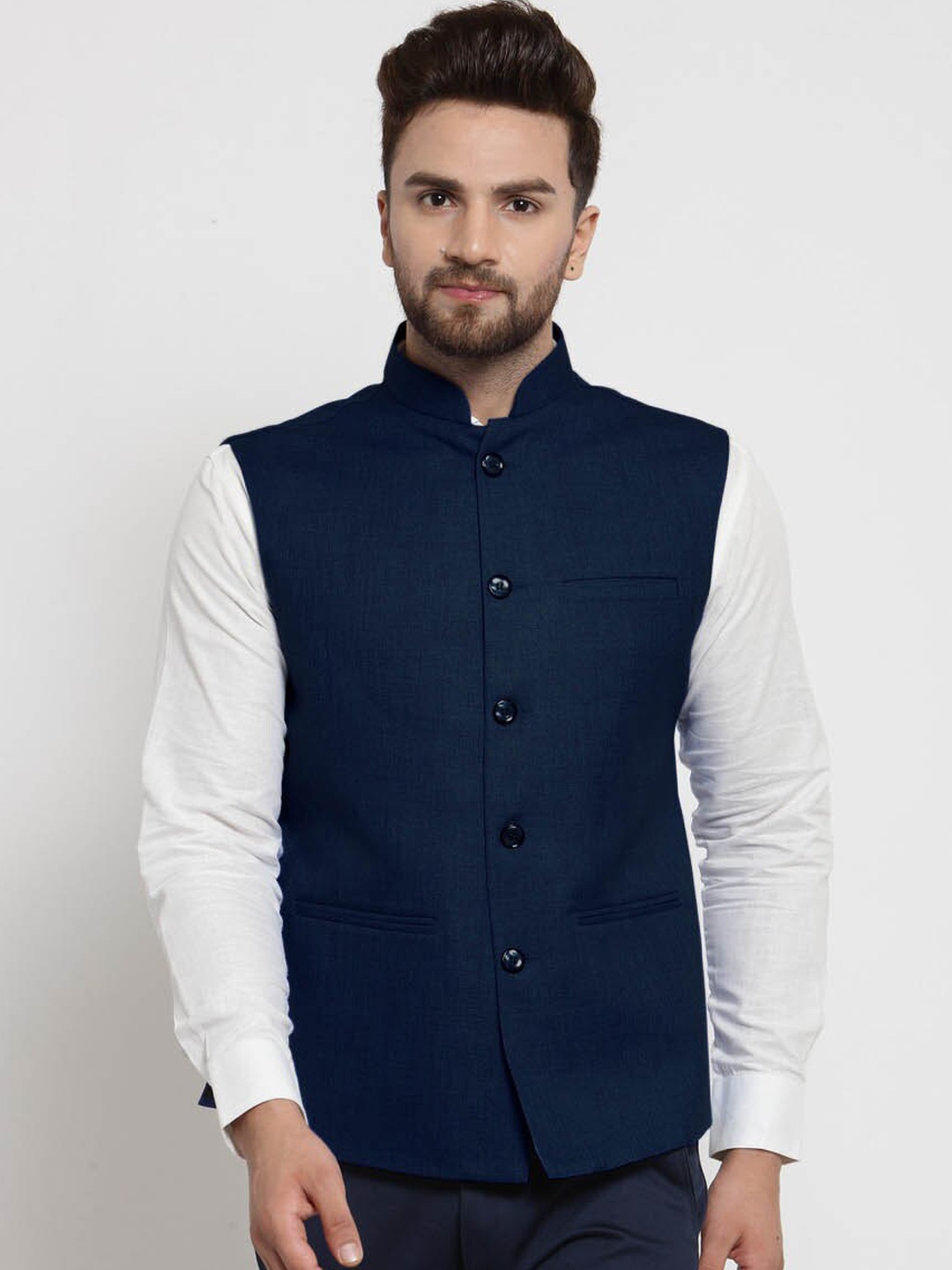 TREEMODA Mandarin Colar Nehru Jackets, Navy blue